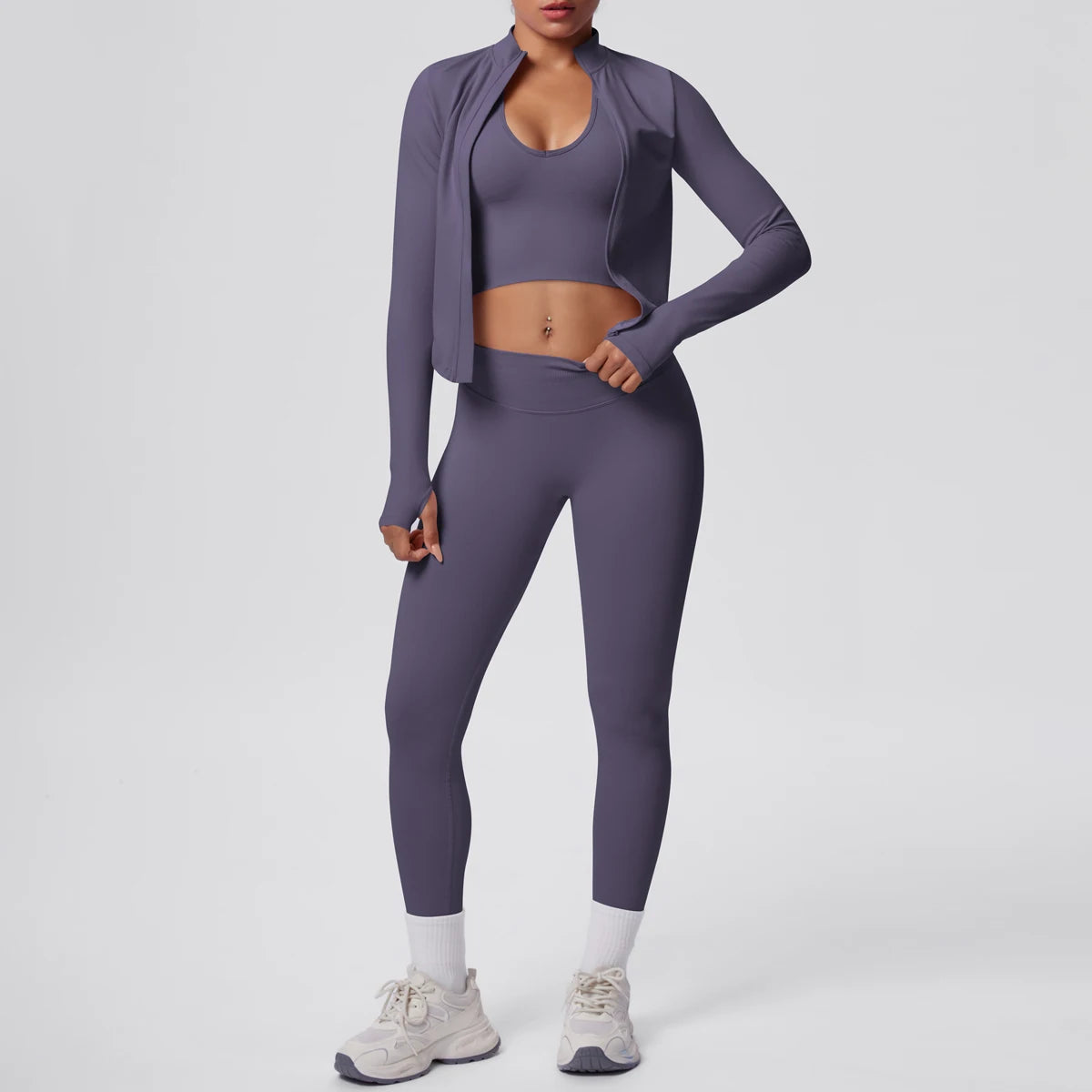 Yoga-Set: Push-up-Top & High-Waist-Leggings mit Langarmjacke, Grau-Violett