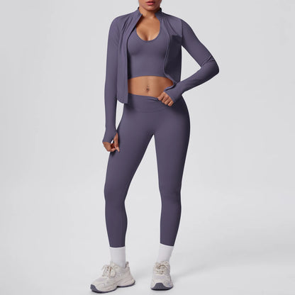 Yoga-Set: Push-up-Top & High-Waist-Leggings mit Langarmjacke, Grau-Violett