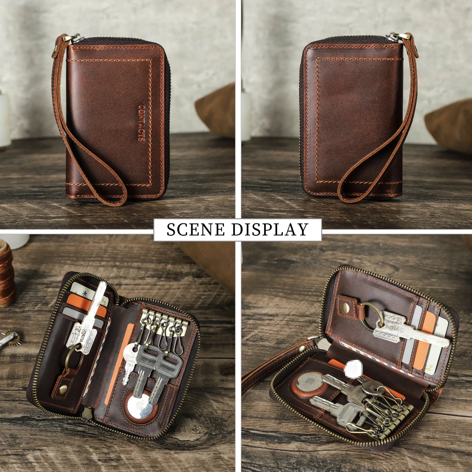 Braune Leder-Schlüsselbrieftasche mit Handschlaufe; geöffnet mit Schlüsselringen und Kartenfächern