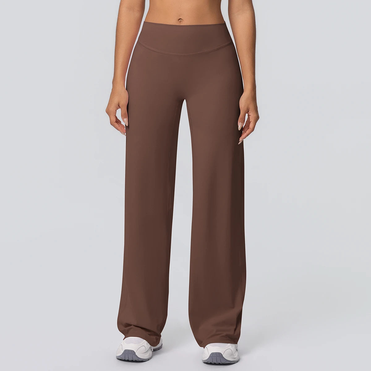 Weite Yoga-Hose, braun, mit elastischem Bund und weitem Bein