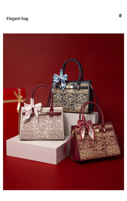 Damen Handtasche Aus Split-Leder Mit Crossbody-Tasche Im Chinesischen Stil