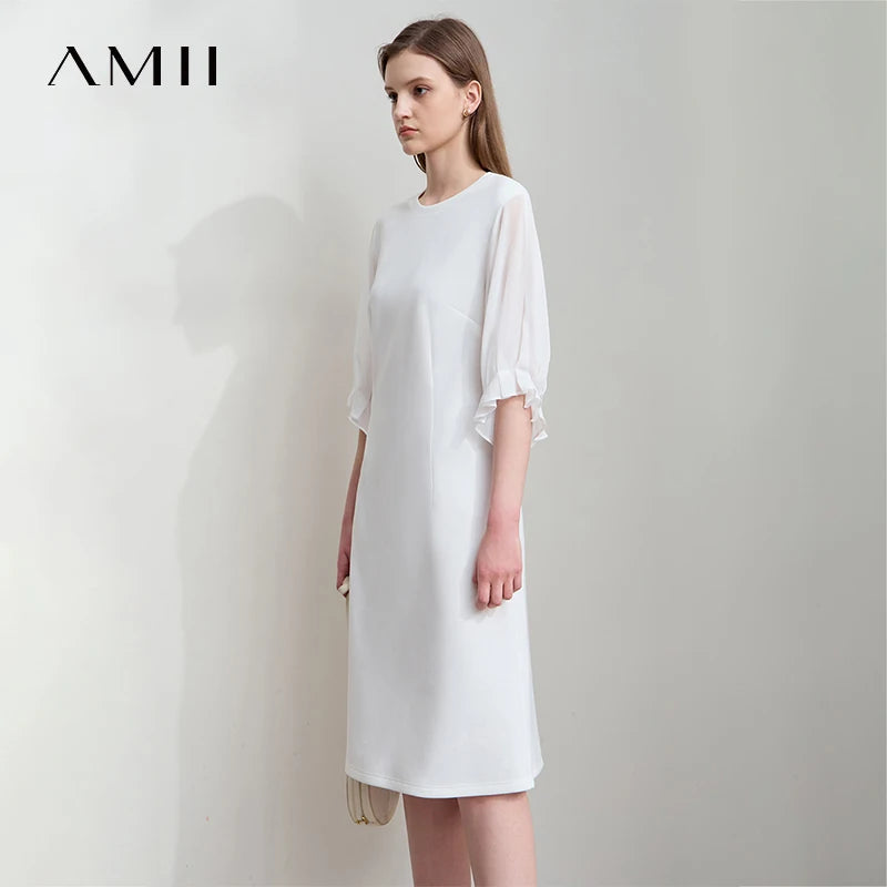 Chiffon-Kleid, weiß, 3/4-Ärmel, knielang, schmaler Schnitt