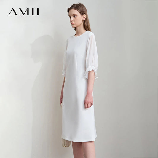 Chiffon-Kleid, weiß, 3/4-Ärmel, knielang, schmaler Schnitt