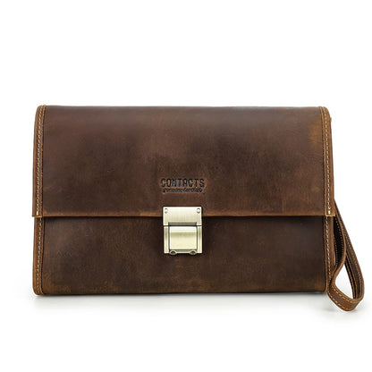 Braune Herren-Clutch aus Leder mit Umschlag und Metallschloss, Handgelenkschlaufe