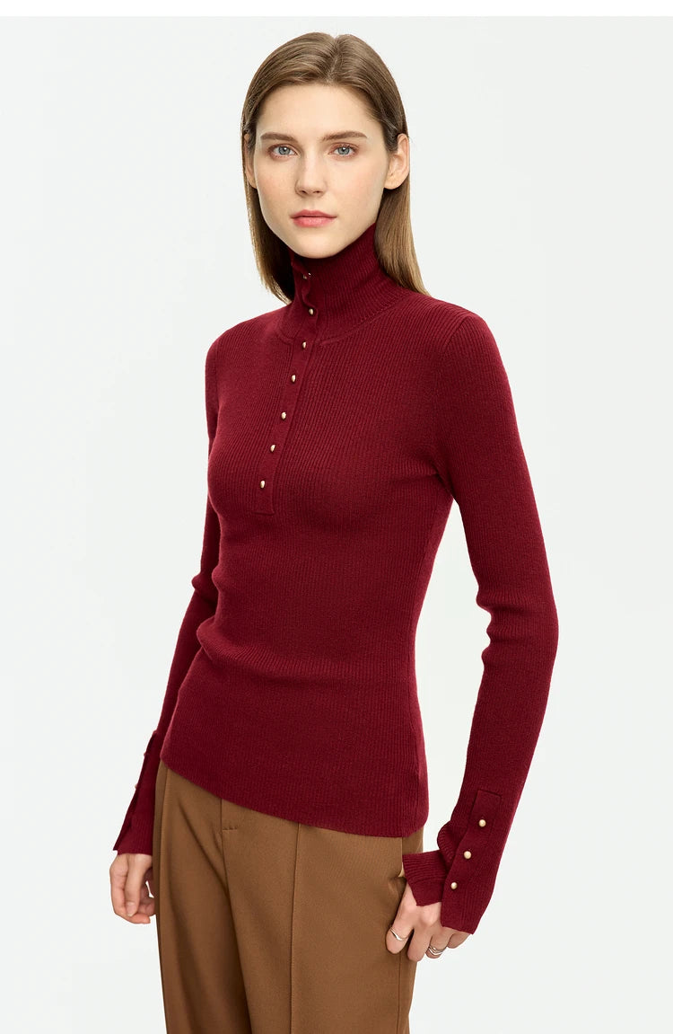 Damen-Strickjacke Rollkragen Knopfleiste Slim halboffene Front Herbst