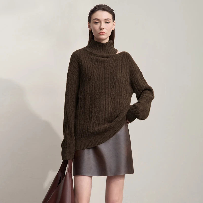 Damen-Rollkragenpullover Hohlstrick Viskose locker lang Raglan Herbst