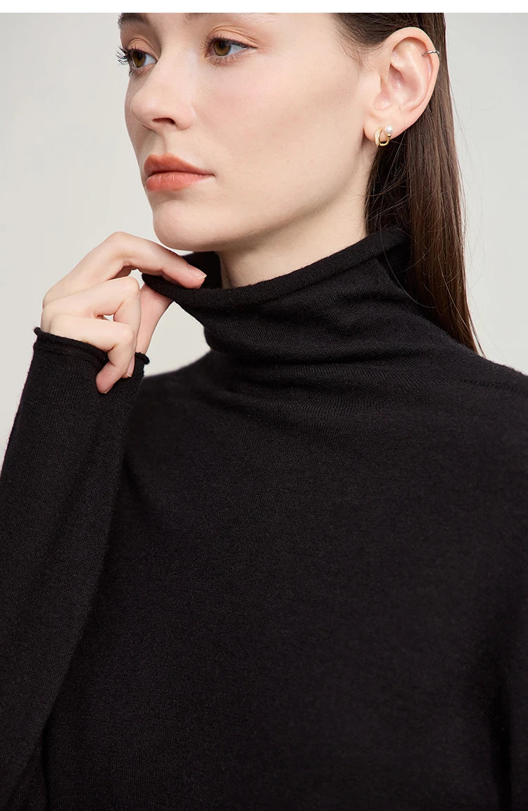 Damen-Rollkragenpullover 100 % Wolle gerade einfarbig Herbst-Winter