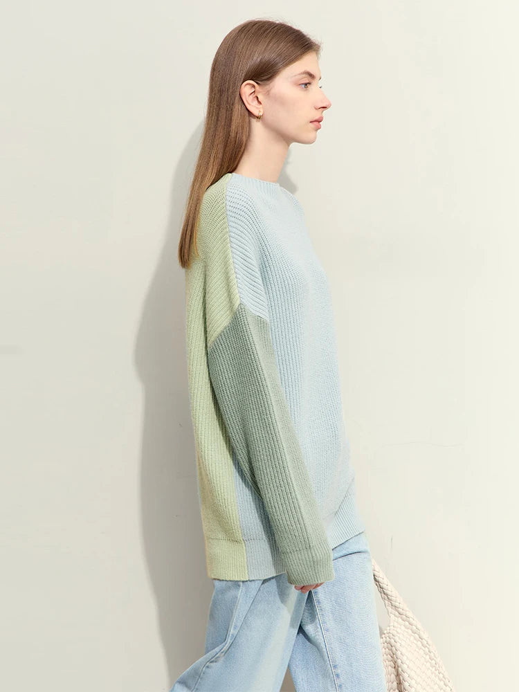 Colorblock-Strickpullover, gerippte Struktur, mintgrüne und hellblaue Paneele