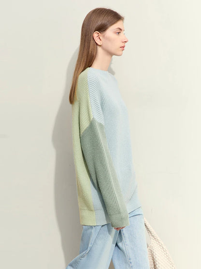 Colorblock-Strickpullover, gerippte Struktur, mintgrüne und hellblaue Paneele