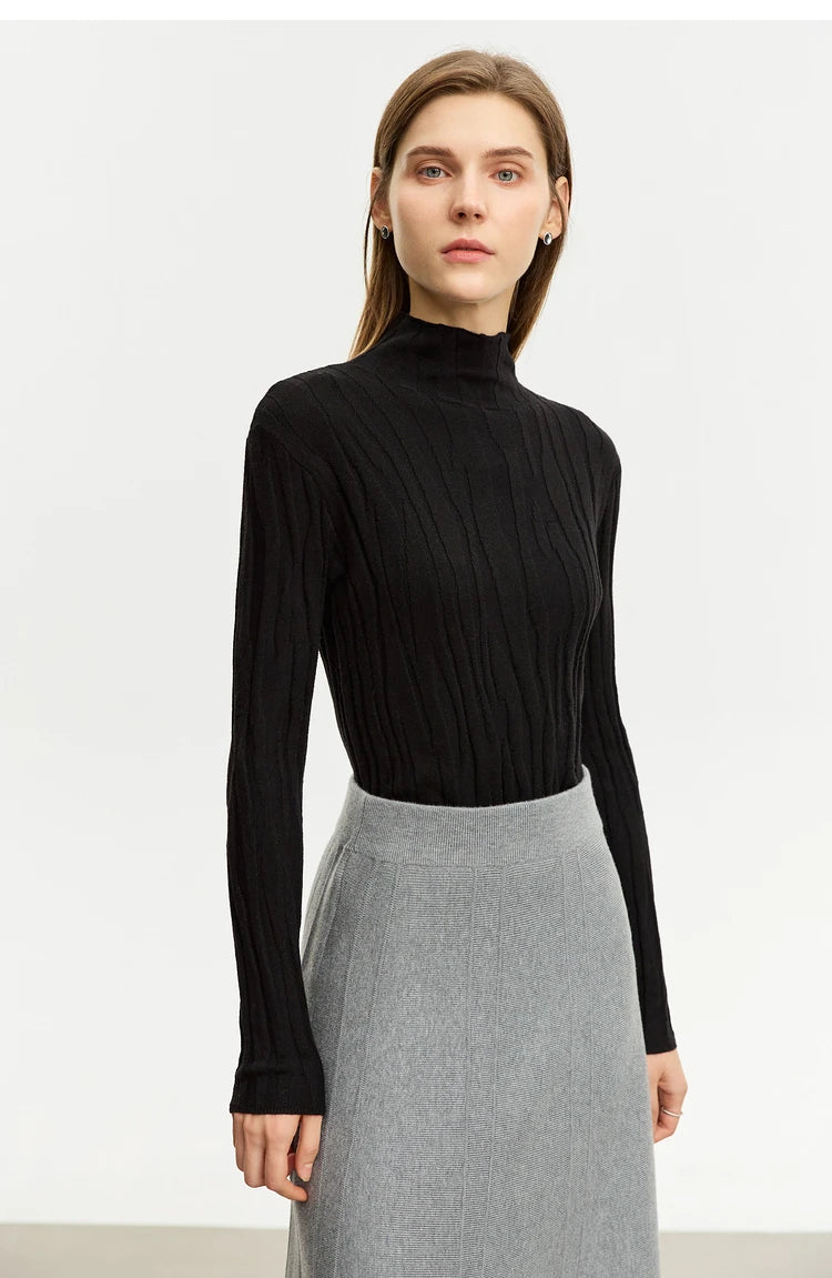 Damen-Wollpullover mit Stehkragen, langarm, schwarz, gerippt