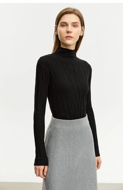 Damen-Wollpullover mit Stehkragen, langarm, schwarz, gerippt