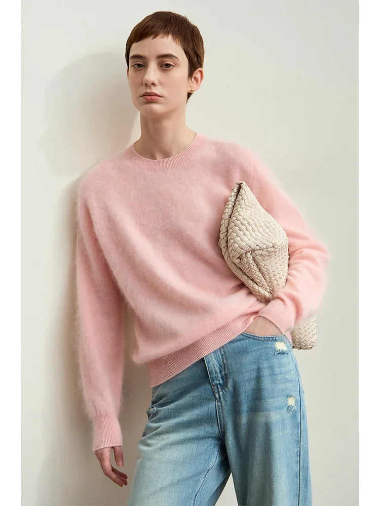 Damen-Kaschmirpullover mit O-Ausschnitt, lange Ärmel, lockere Passform, rosa meliert