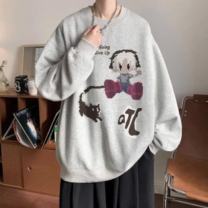 Japanischer Vintage-Pullover mit Fleece, Rundhalsausschnitt und Print – Lässiger Langarm-Hoodie für Herren im Winter.