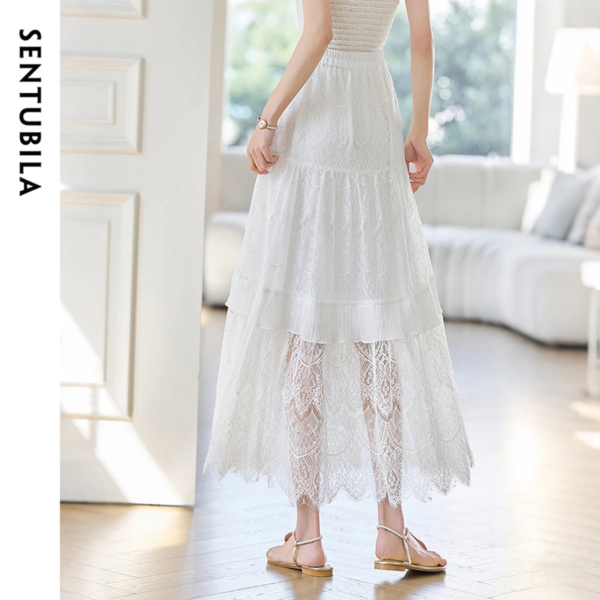 Damen A-Linie Rock aus Baumwolle mit eleganter Spitze und elastischer Taille