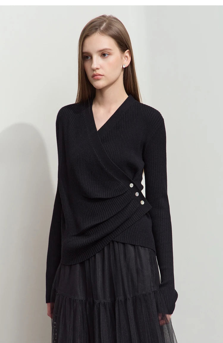 Damen V-Ausschnitt Pullover plissiert Muschelschnalle Wolle Herbst