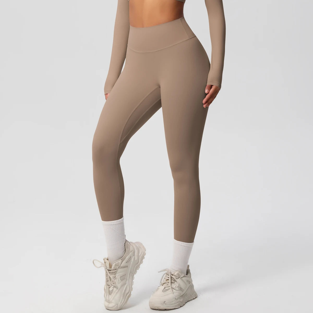 Damen-Yoga-Leggings in Beige, 3/4-Ansicht, hoch geschnittener Bund