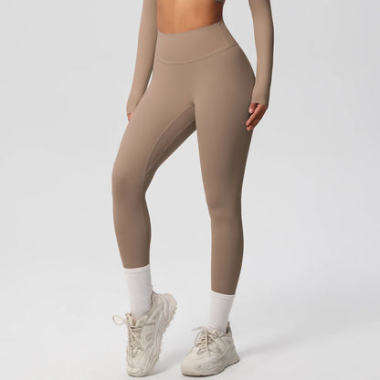 Damen-Yoga-Leggings in Beige, 3/4-Ansicht, hoch geschnittener Bund
