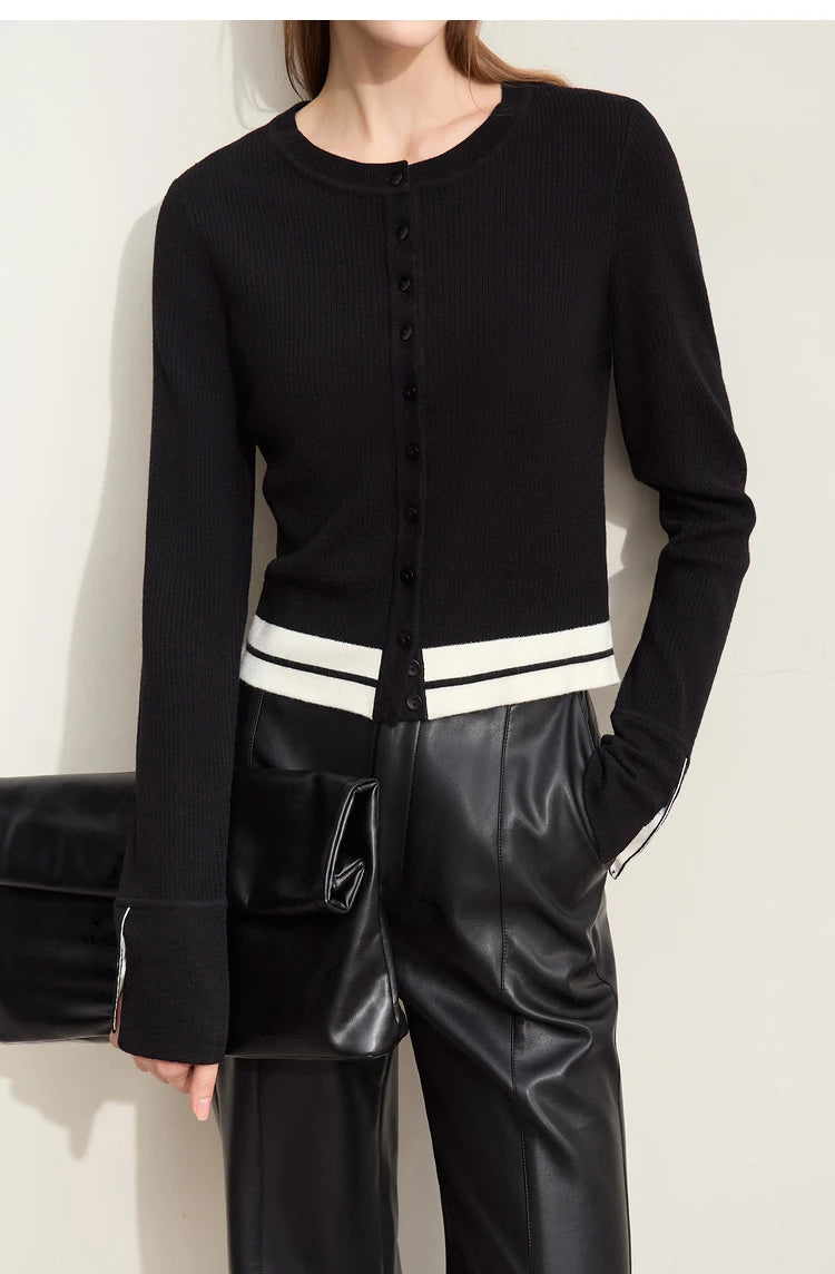 Damen-Strickjacke Rundhals Wolle Streifen kurz Pendler Slim Herbst