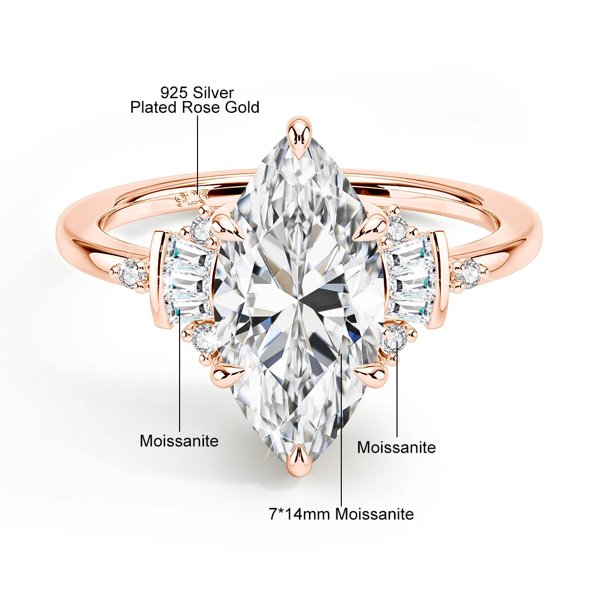 Damen-Verlobungsring aus Moissanit mit GRA Zertifikat, Marquise-Schliff, 3 Karat, 7x14 mm