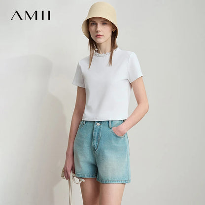 Damen Kurz-T-Shirt im minimalistischen Stil mit elastischen Perlen und Pailletten-Dekoration