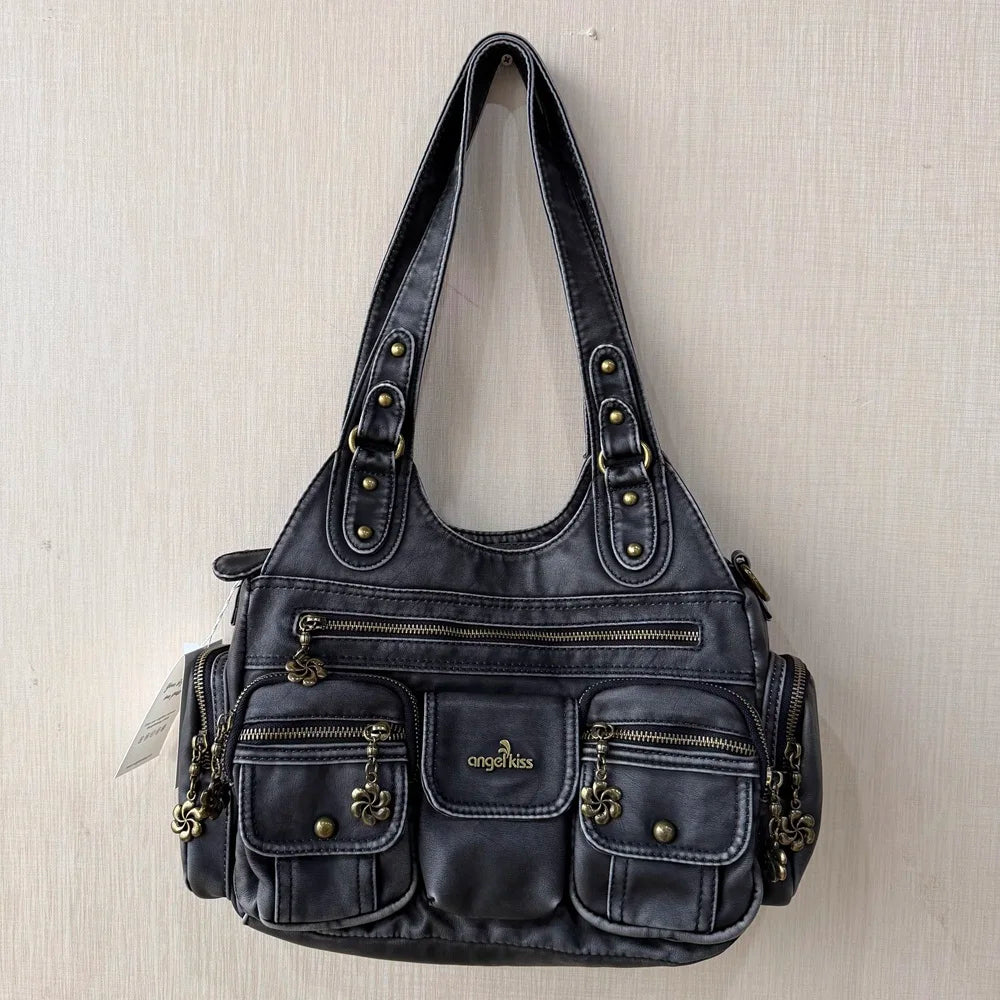 Damen-Hobo-Handtasche aus gewaschenem Leder Schwarz mit Reißverschluss und Innenfächern