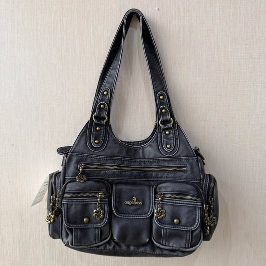 Damen-Hobo-Handtasche aus gewaschenem Leder Schwarz mit Reißverschluss und Innenfächern