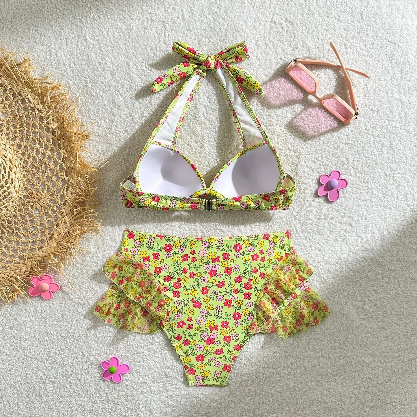 Bauchfreies Bikini-Set mit Push-up-Effekt und hohem Bund – ideal für Strand und Pool