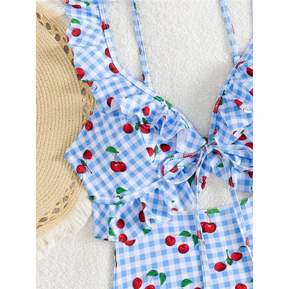 Damen Badeanzug Kirschen Karo Cut-Out Rüschen hoher Beinausschnitt Monokini