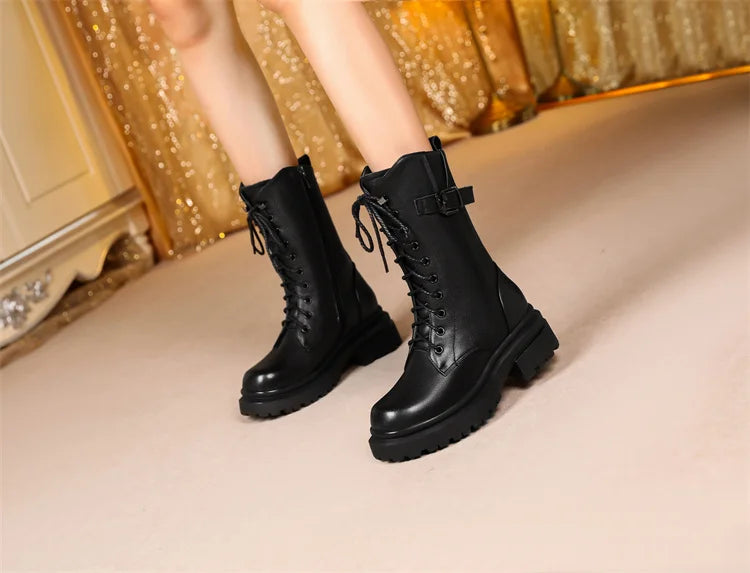 AIYUQI Women Boots Large Size Genuine Leather Thick Wool Warm Winter Biker Boots Women British Style Women Snow Boots
