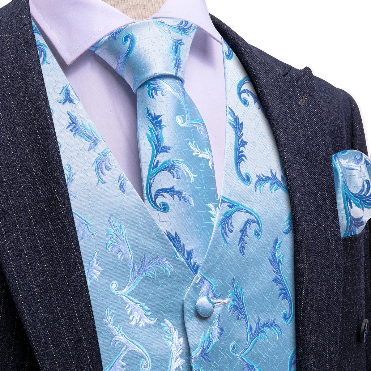 Blau gemusterte Herrenweste mit Krawatte im Paisley-Blumenlook