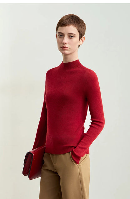 Damenpullover mit kurzem Stehkragen, langarm, einfarbig weinrot