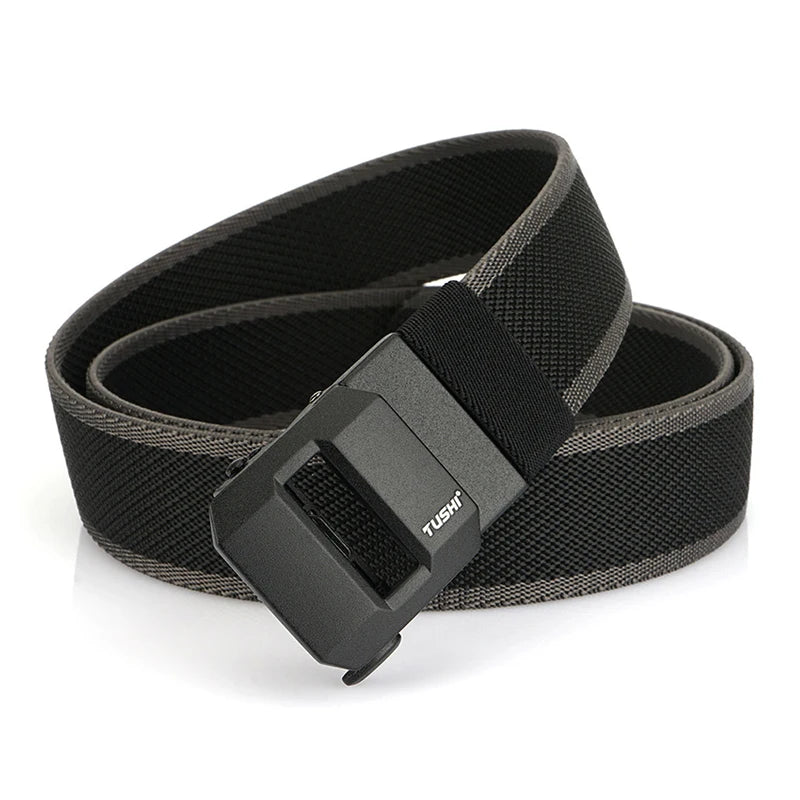 Unisex-Gürtel aus elastischem Nylon mit mattschwarzer Schnalle in 38 mm Breite und Tragekomfort
