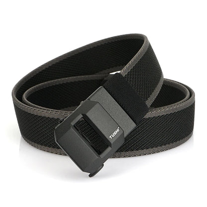 Unisex-Gürtel aus elastischem Nylon mit mattschwarzer Schnalle in 38 mm Breite und Tragekomfort