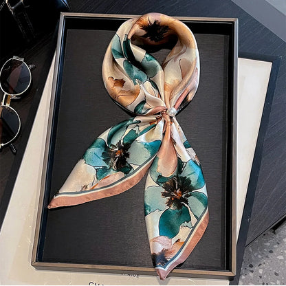 Damen Seidensatin Schal quadratisch Blumenprint Kopftuch Bandana Hijab Neu F