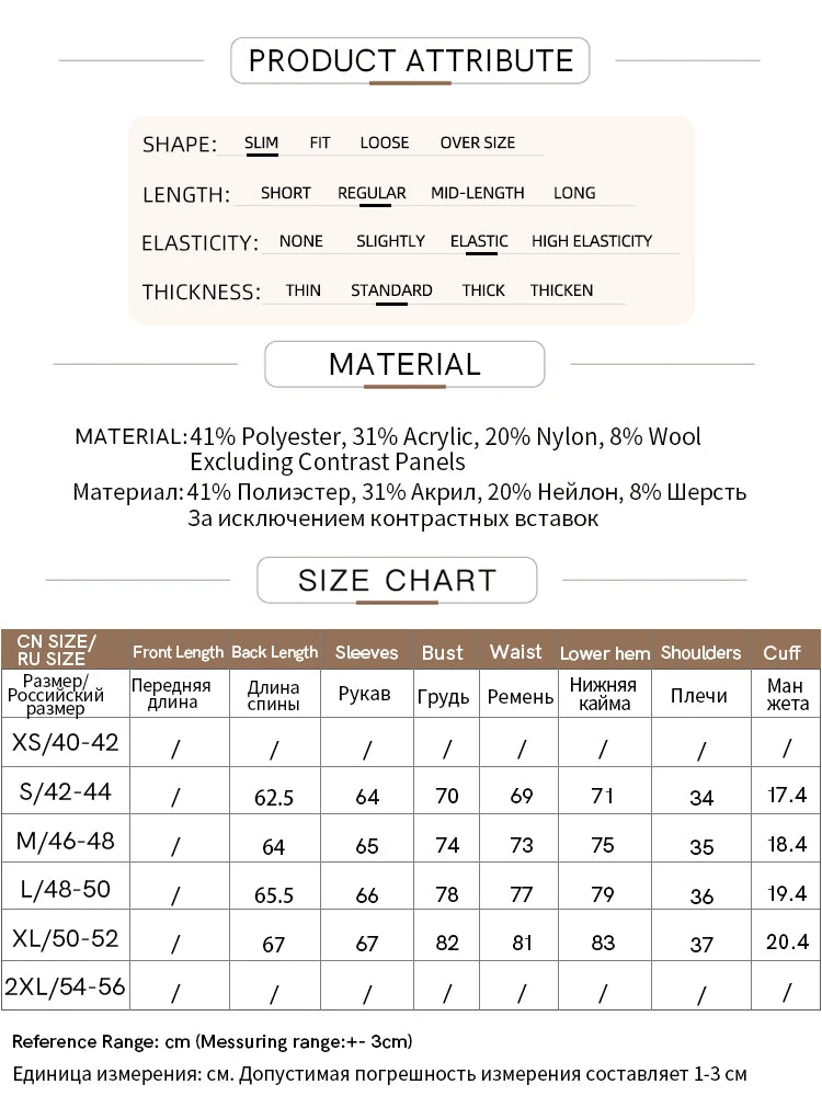Produktattribute-, Material- und Größen-Tabelle mit Elastizität, Dicke und Maßangaben