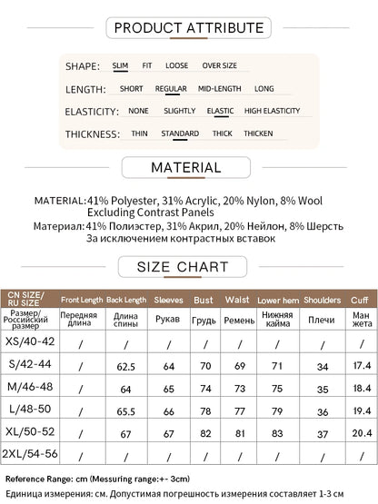 Produktattribute-, Material- und Größen-Tabelle mit Elastizität, Dicke und Maßangaben