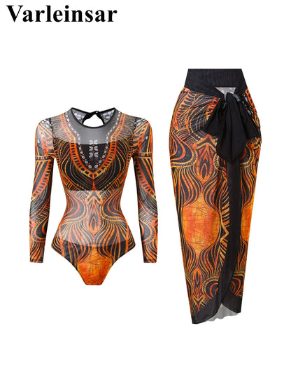Damen-Badeanzug Blumen Langarm Sarong einteilig gepolstert