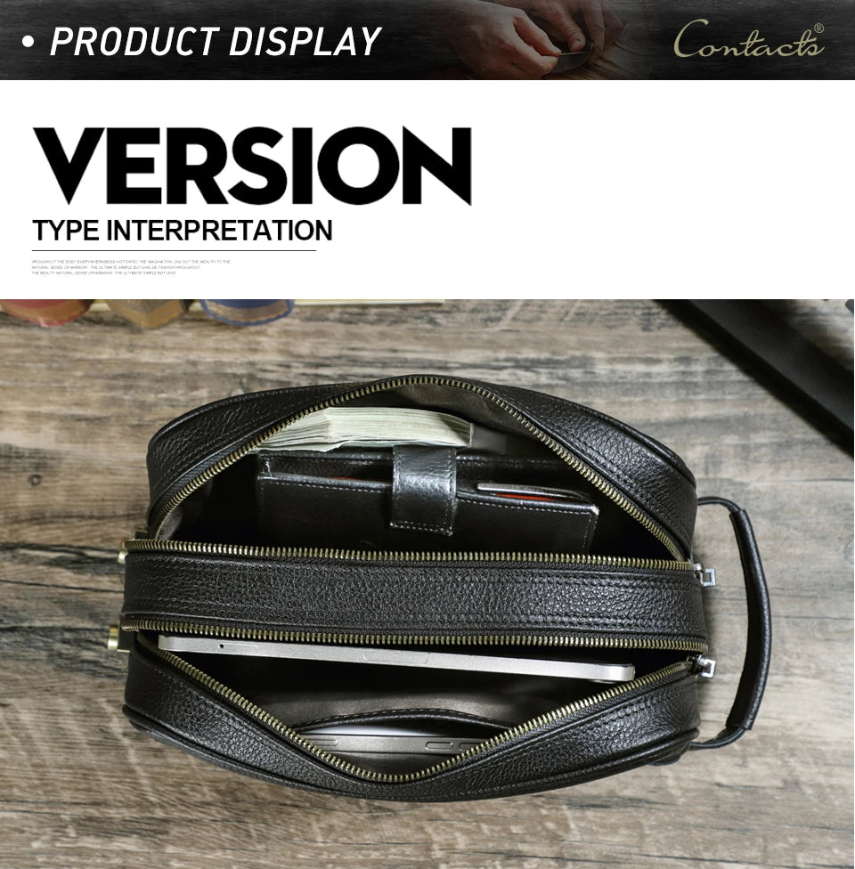 Schwarze Herren-Clutch-Tasche aus Leder mit Reißverschluss und Innenfächern, offen