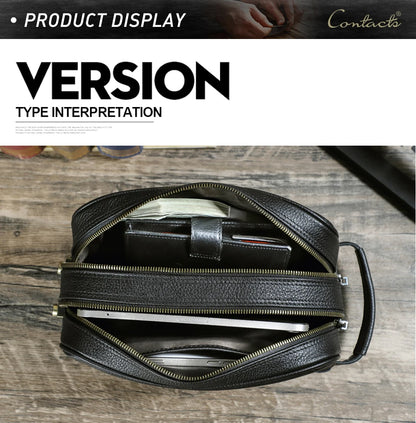 Schwarze Herren-Clutch-Tasche aus Leder mit Reißverschluss und Innenfächern, offen