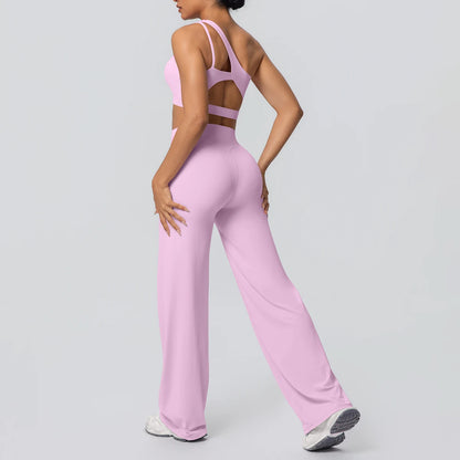 Yoga-Set: einseitiges Top und hohe Hose, fließende Leggings in Lila