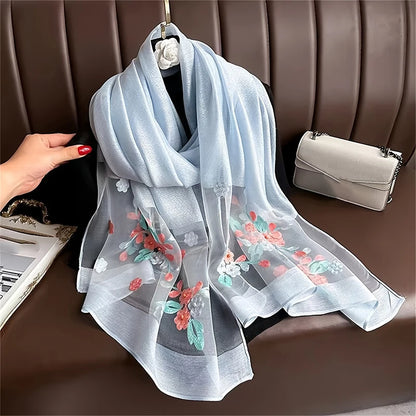 Damen Seiden-Woll Schal Blumenstickerei Hijab Frühling Sommer Pashmina Kopftuch