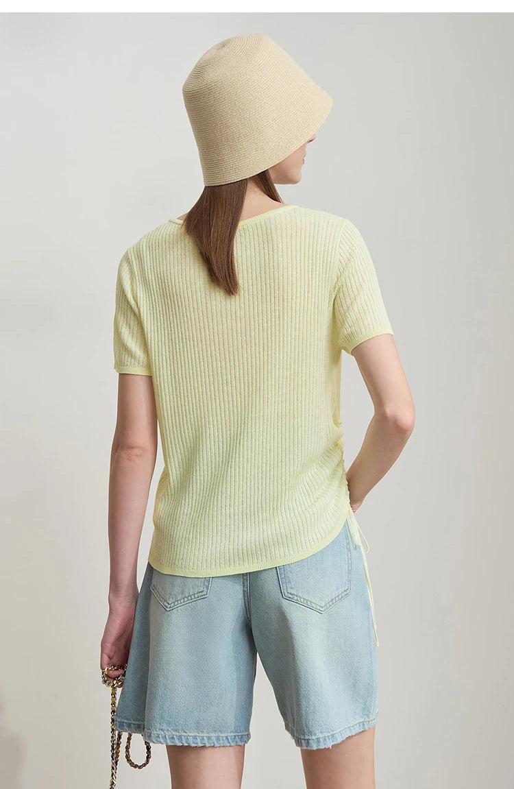 Damen-Sommerpullover, Rundhals, Kurzarm, gelbgrüner Rippenstrick, Kordelzug am Saum