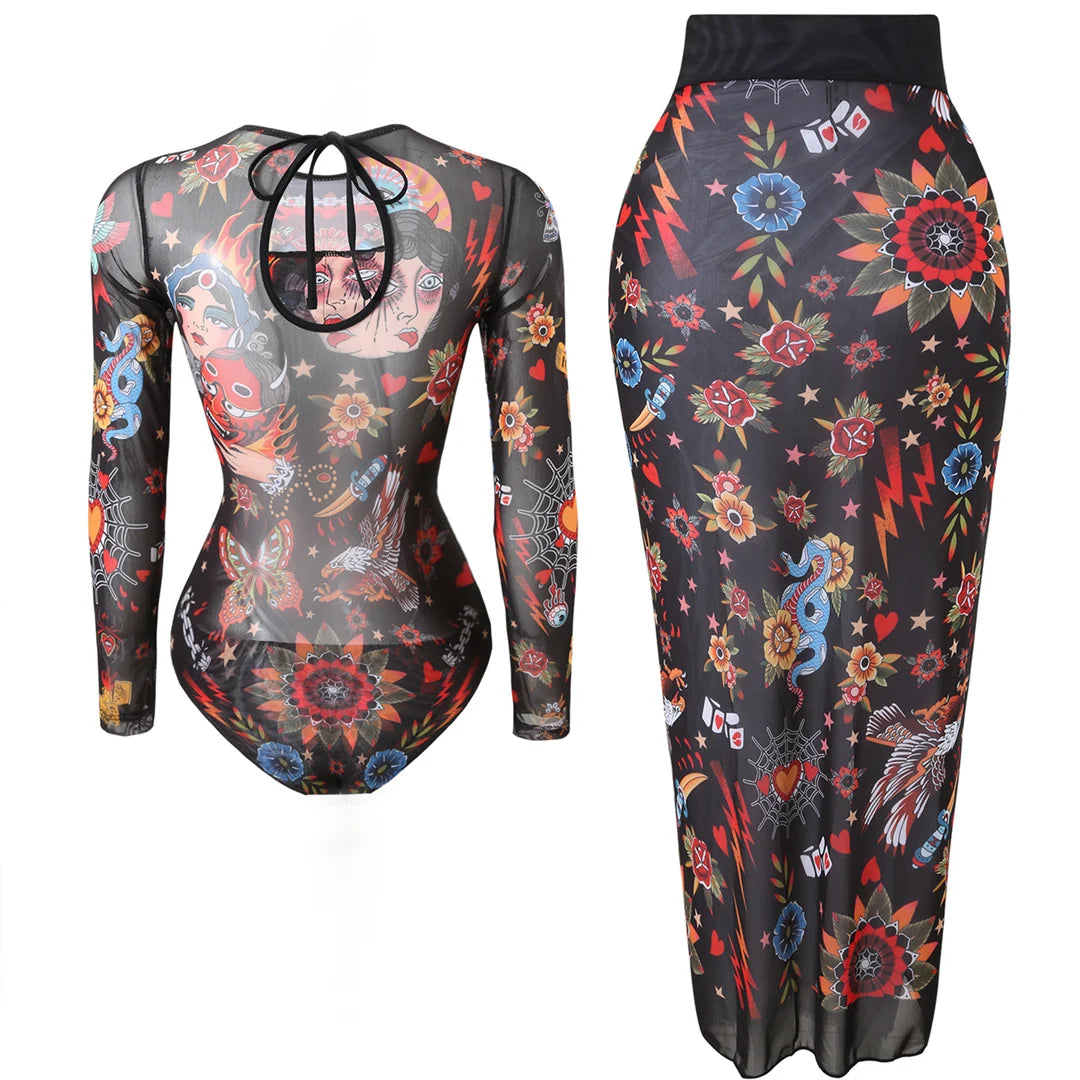 Damen-Badeanzug Blumen Langarm Sarong einteilig gepolstert