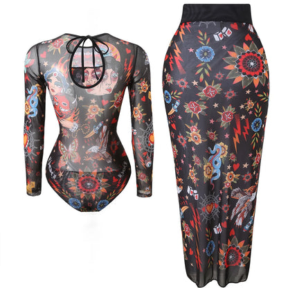 Damen-Badeanzug Blumen Langarm Sarong einteilig gepolstert