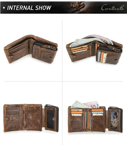 Herren Echtleder Geldbörse Vintage Kartenhalter Fotohalter Münzfach Reißverschluss Geschenk