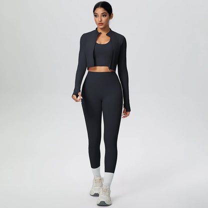 Yoga-Set schwarz: Zip-Jacke langarm, kurzer Sport-BH und High-Waist-Leggings