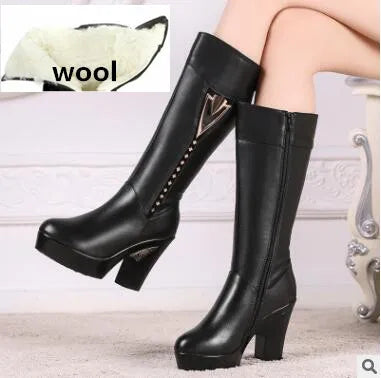 AIYUQI winter women boots first layer of leather high heeled genuine leather boots Gaotong thick with long barreled boots wool