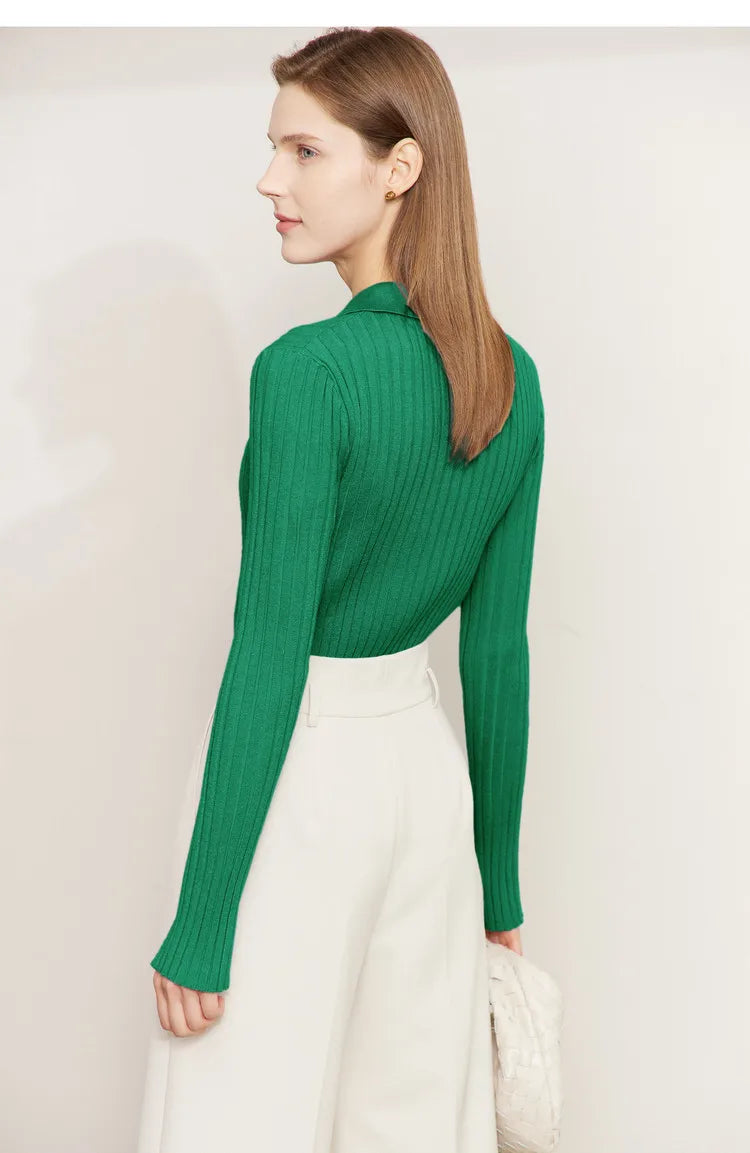 Damen-Strickjacke Polokragen Slim doppelreihig Wolle-Mix Frühling-Herbst