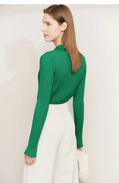 Damen-Strickjacke Polokragen Slim doppelreihig Wolle-Mix Frühling-Herbst