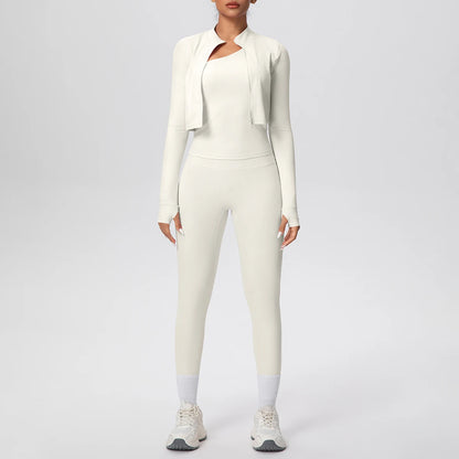 Damen-Yoga-Set in weiß: Langarmoberteil mit offener Jacke und Leggings
